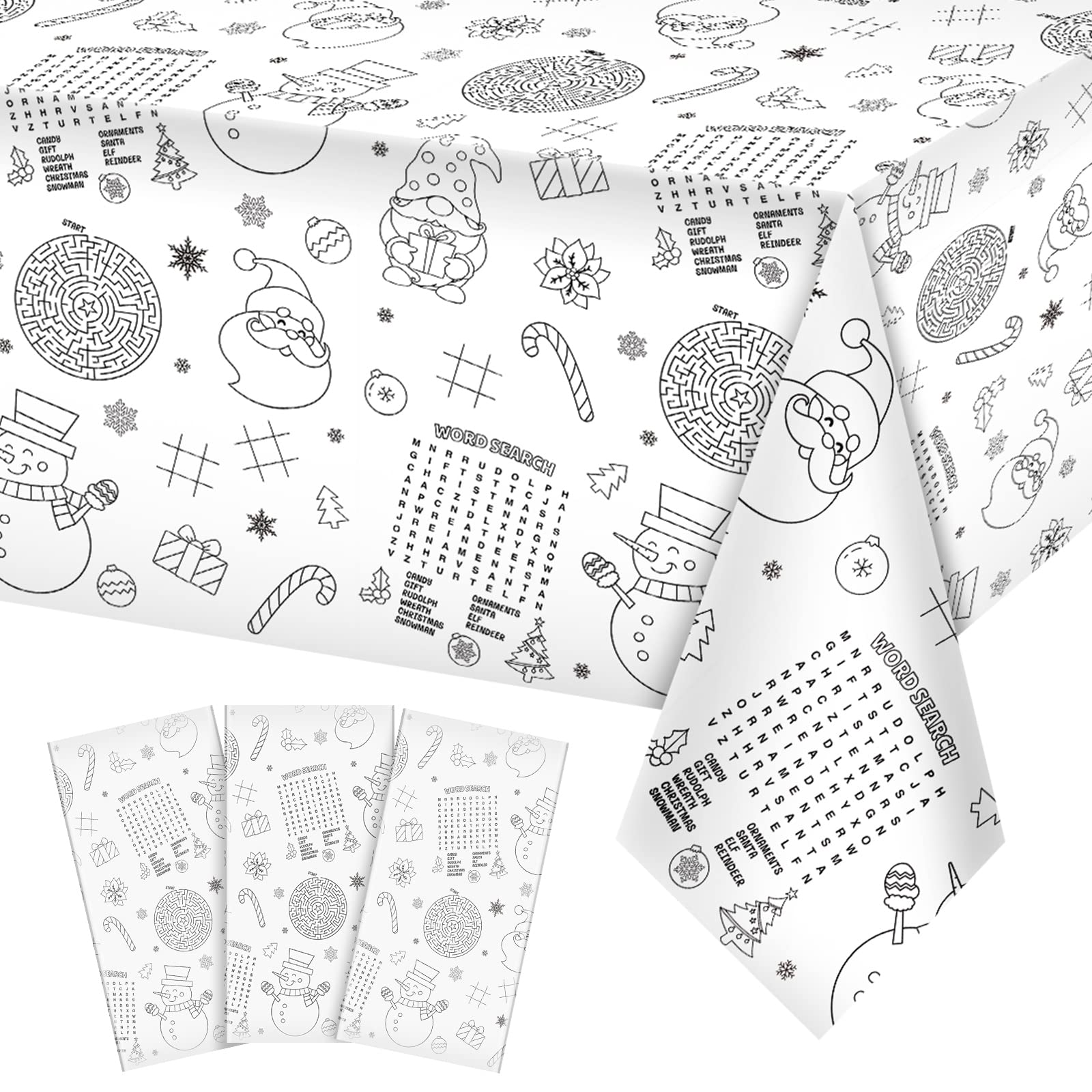 3 Pack Christmas Tablecloth Christmas Activity Paper Tablecloth Santa Claus Snowman Gnome Color-in Paper Disposable Tablecover f