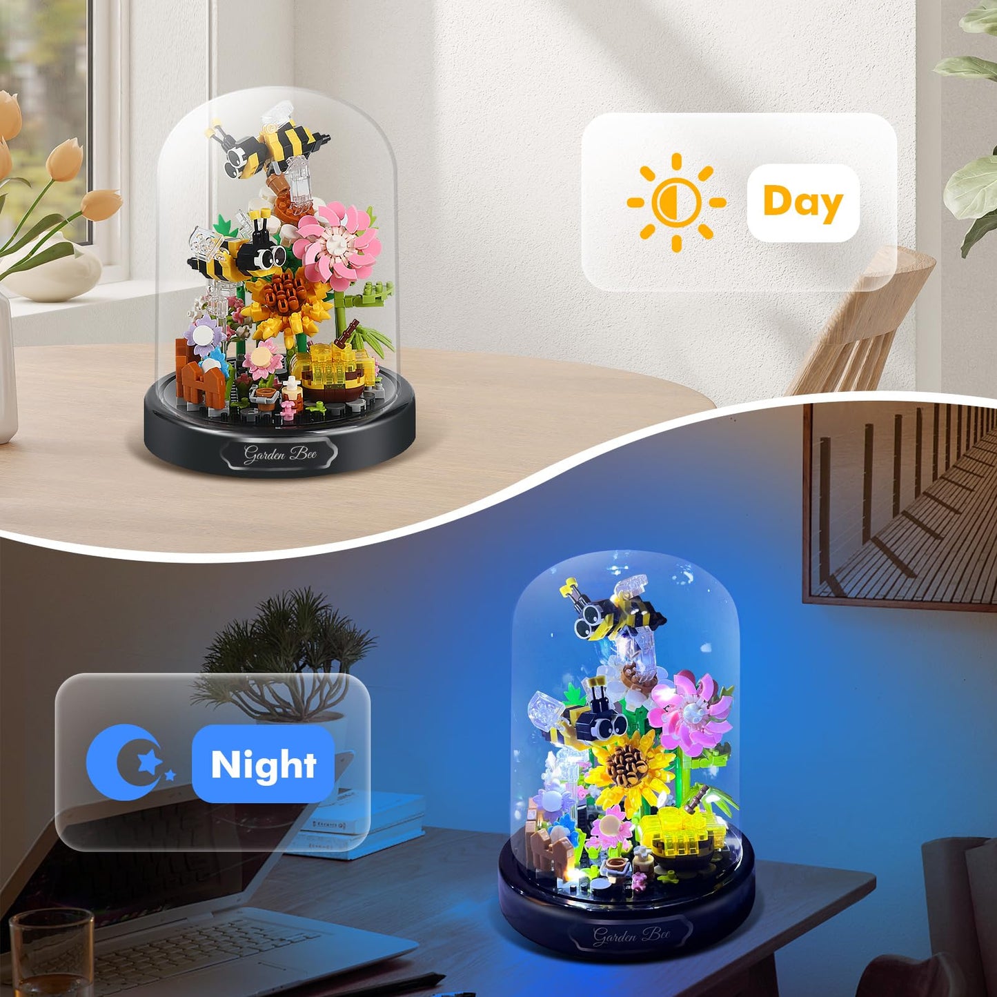 ZQJKLE Flower Bee Bouquet Building Blocks with LED String Light, Bee Flowers Botanical Collection, 588 Pcs Mini Bricks Toy for B