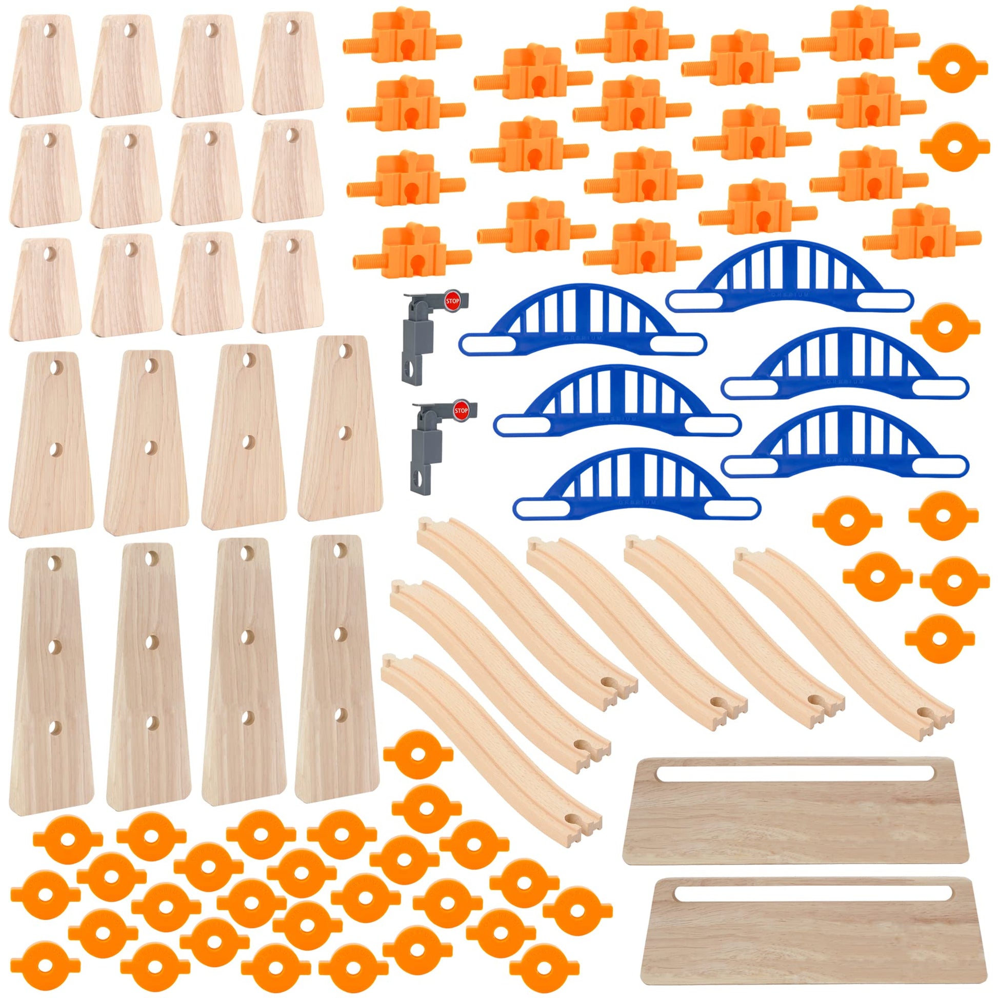 ORBRIUM 90 Pcs Ultimate Elevated Wooden Railway Construction Set Compatible with Thomas, Brio, IKEA, Imaginarium, Melissa & Doug