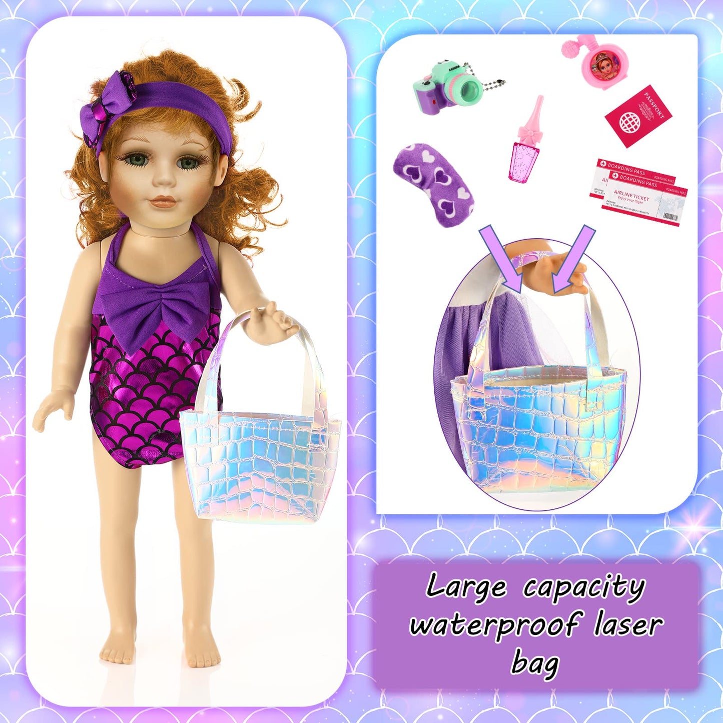 Travel Luggage Play Set For 18 Inch Doll Accessories And Furniture Doll Luggage Seat With Mermaid Doll Clothes Sunglasses Camera