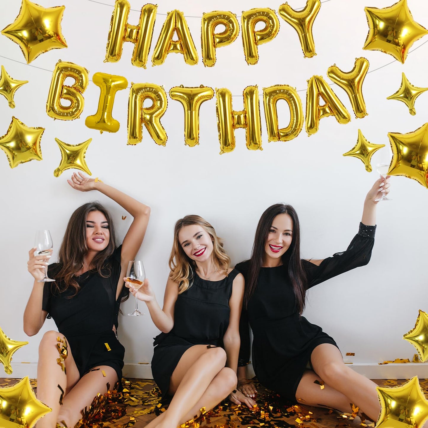 TONIFUL 35PCS Gold Happy Birthday Decorations Kit 16 Inch Happy Birthday Balloon Banner with Star Balloons Mylar Foil Birthday P