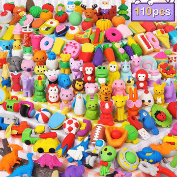 Arscniek 110 Pack Animal Erasers For Kids Bulk, Cute Desk Pets Treasure Box Toys For Classroom Prizes Rewards, Mini Pencil Erasers Take Apart Erasers Back To School Supplies Gift For Boys Girls