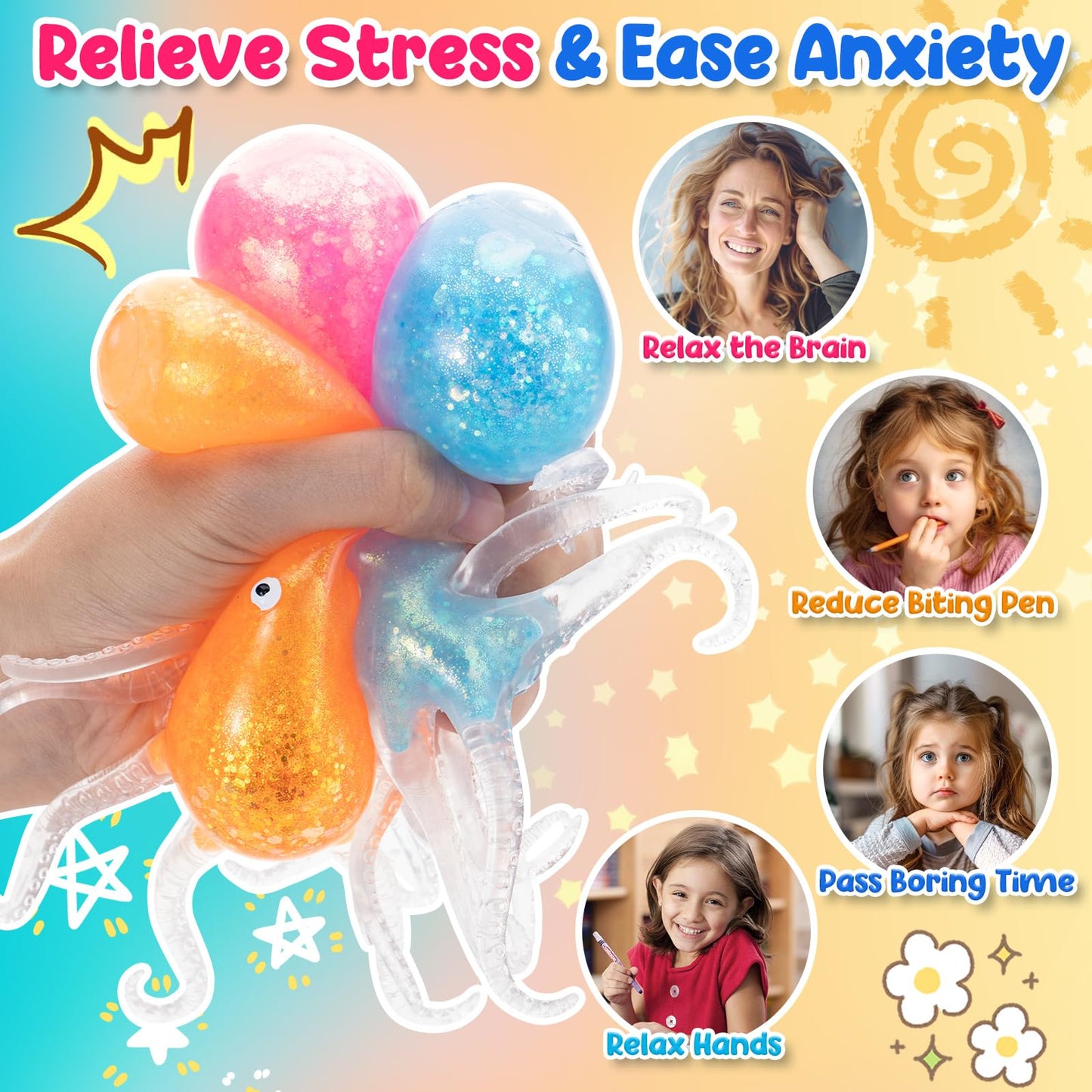 Octopus Stress Balls For Kids Adults, Octopus Squeeze Balls Sensory Fidget Toys, Squishy Toys For 3 4 5 6 7 8 9 10 Boys Girls Gifts, Classroom Prizes Party Favors For Toddlers