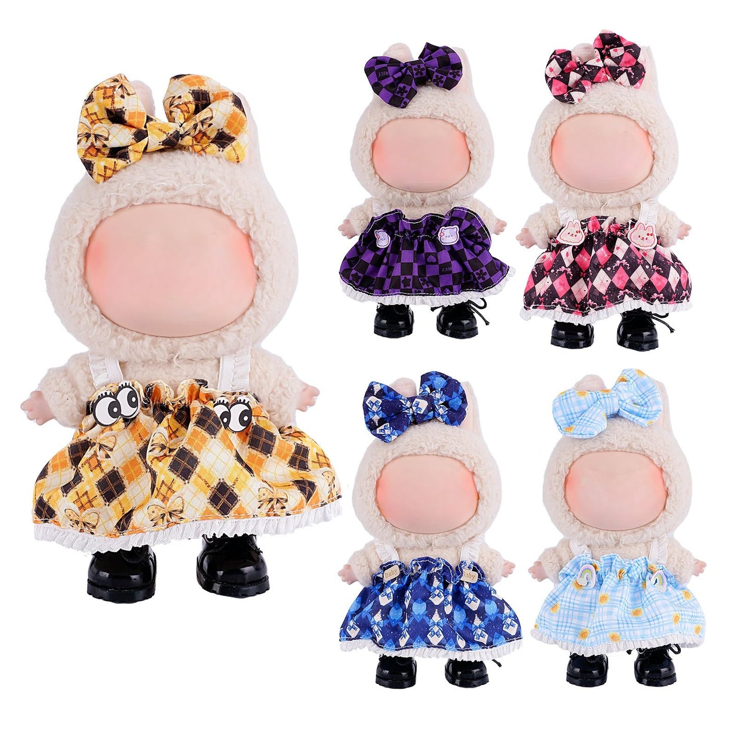 3-Piece Clothes for 17cm Doll Clothes Set & Outfit-Yellow Diamond Plaid Dress + Butterfly Clip + Versatile Black Glossy Shoes