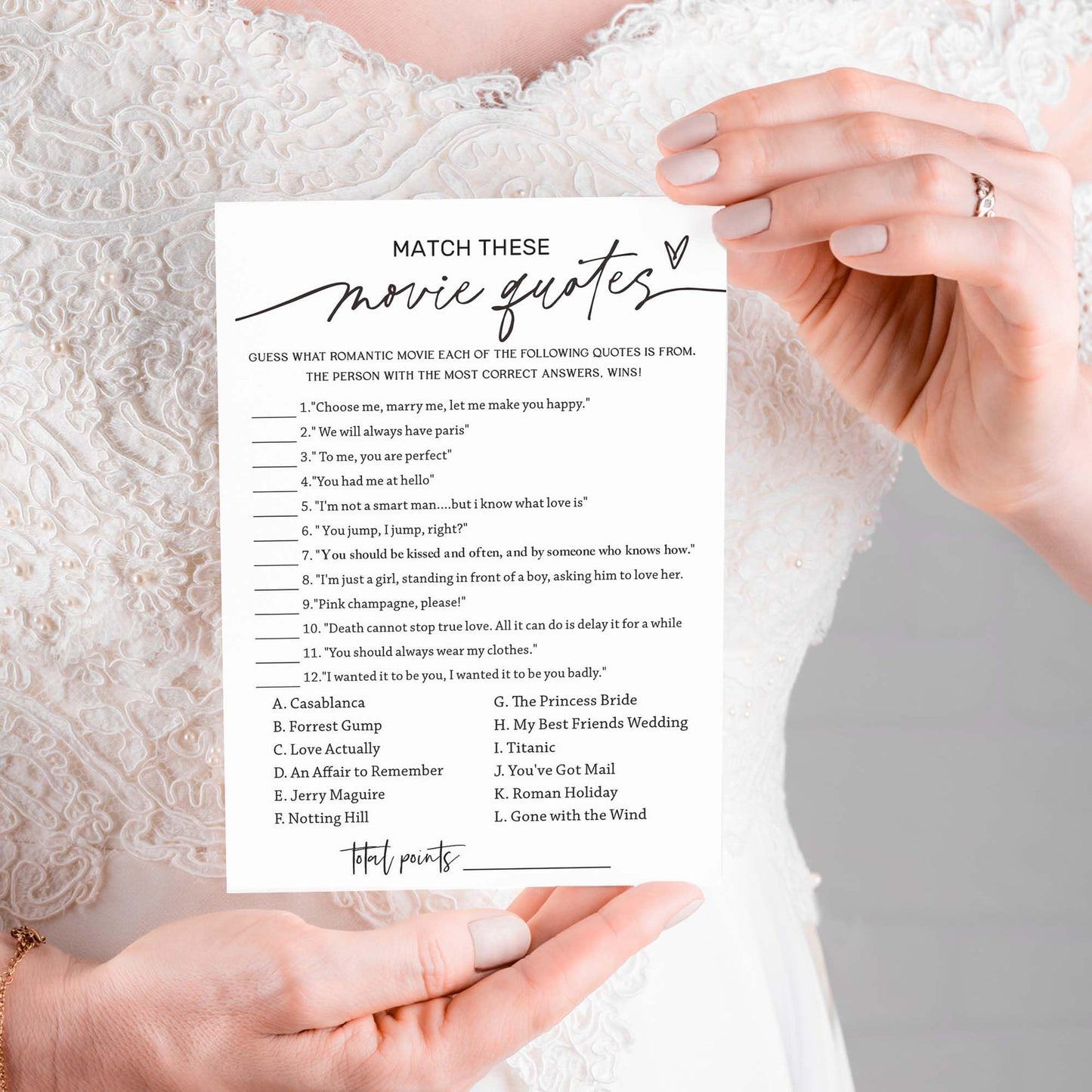 Wedding Shower Games Cards, Match These Movie Quotes, 25 Game Cards With 1 Answer Card, Engagement Party Wedding Games For Guest