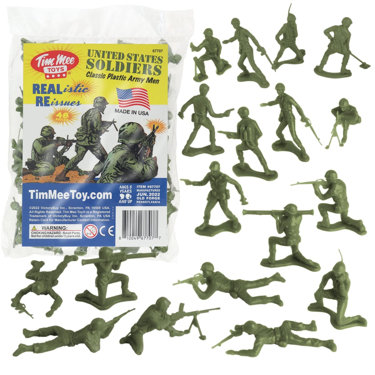 Tim Mee Plastic Army Men - 48pc OD Green Toy Soldier Figures - Made in USA - Durable Plastic