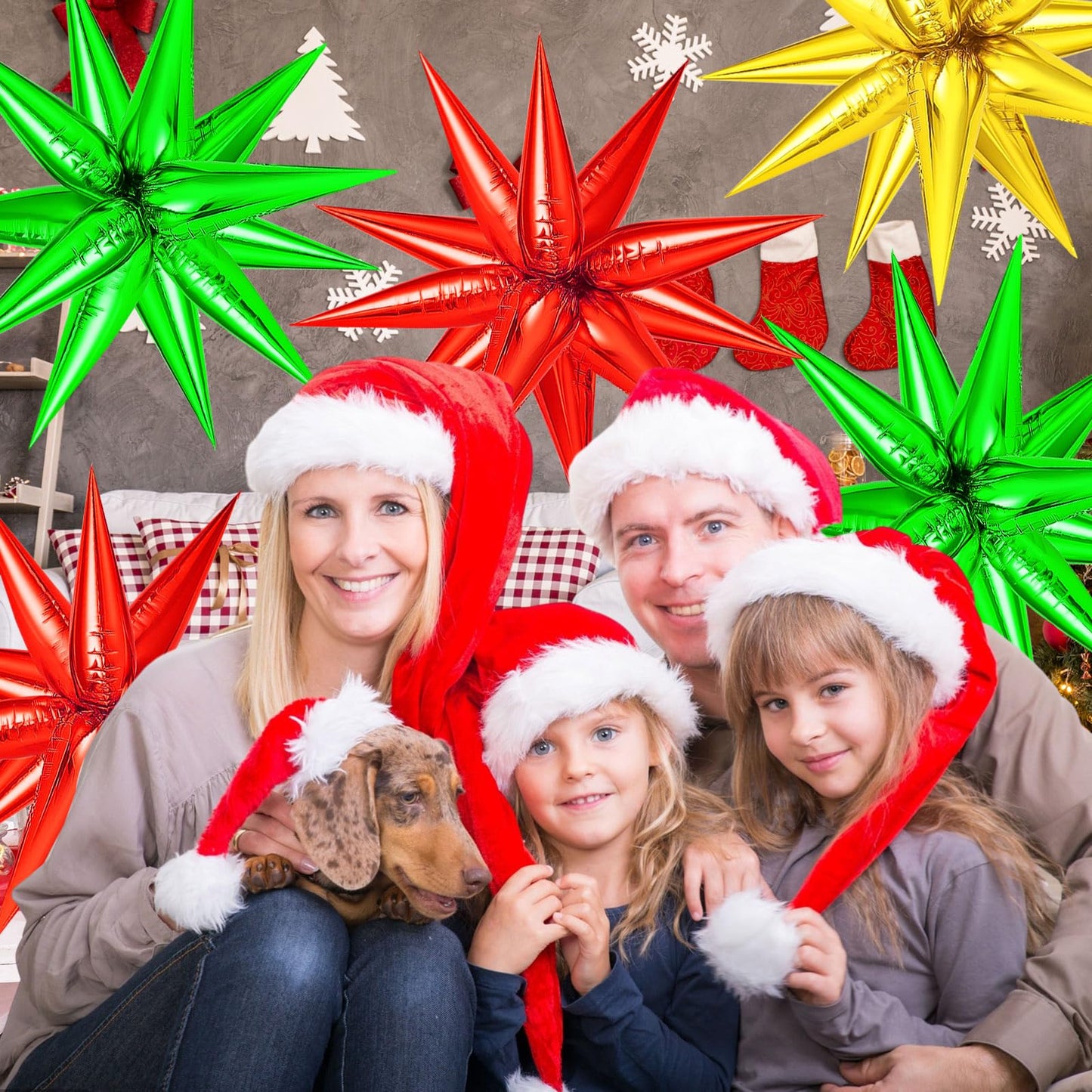 72 Pcs Gold Red Green Star Balloons, Spike Balloons For Christmas Party Supplies, Big 26 Inch Explosion Christmas Star Cone Ball