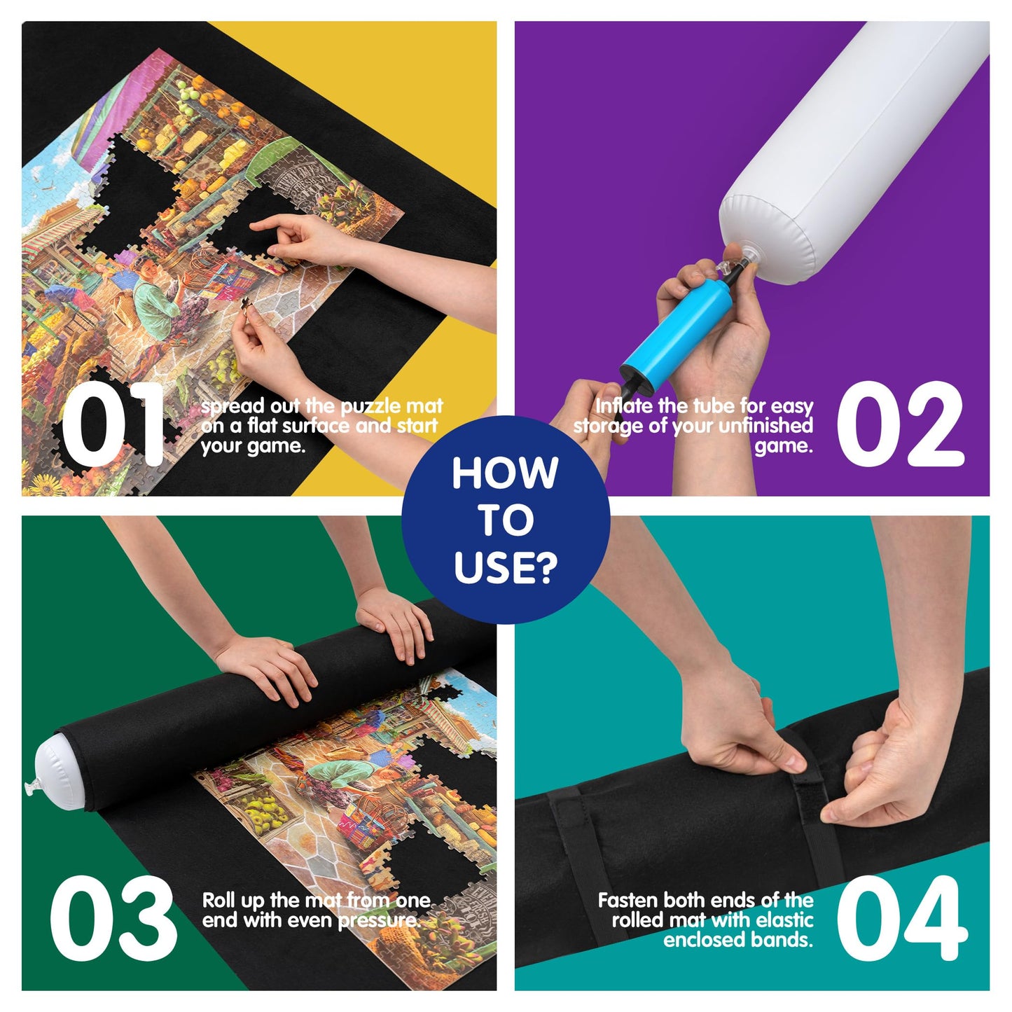 Tektalk Higher-Capacity Design, Jigsaw Puzzle Roll-Up Mat In Delicate Packaging Box With Hand Pump, Storing For 2000, 1500, 1000, 500 Jigsaw Puzzle Pieces