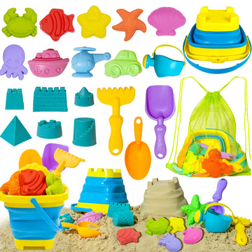 Beach Toy Sand Toy Set for Kids Silicone Foldable Sand Bucket with Summer Mesh Bag, Shovel, Rake, Watering Can, Animal and Castl