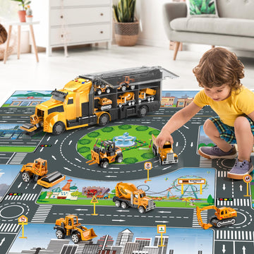 NIPLOOOW Construction Trucks Toy Set with Play Mat, Carrier Truck Play Vehicles Set for 3 4 5 6 Years Old Boys Kids, Die-Cast Ca