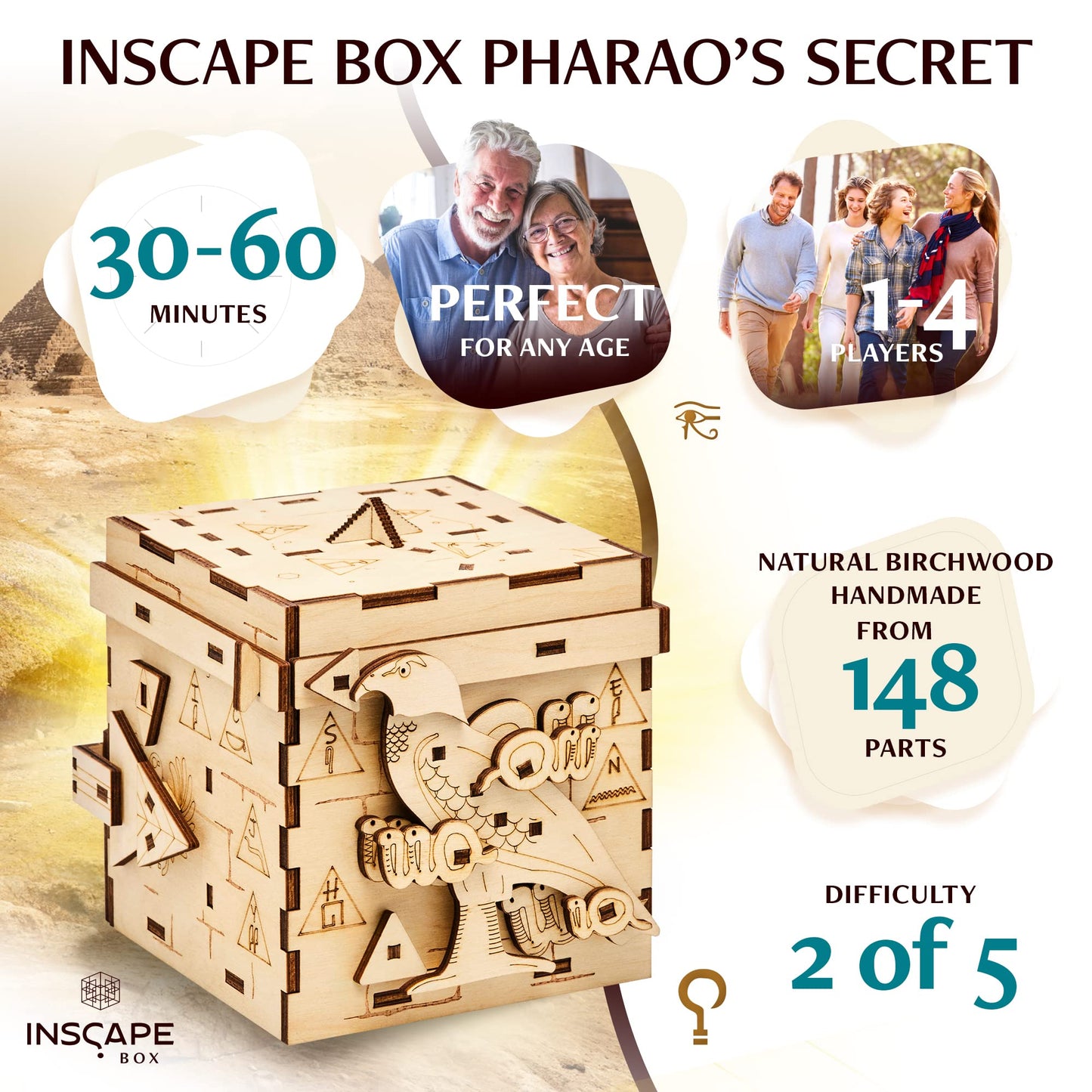 INSCAPE Pharaoh’s Secret Puzzle Box - Wooden Mind Puzzles for Adults - 11x11x10.5 cm - Cluebox with Hidden Compartments - Model INSCAPE-BOX-