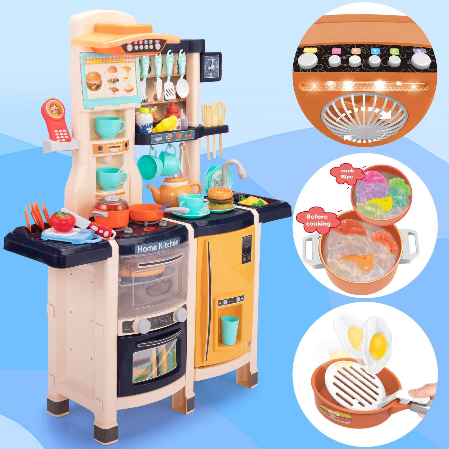 Kids Play Kitchen,Kitchen Playset with 65pcs Kitchen Toys for Toddlers,Kitchen Playset Accessories with Spray Stove, Simulated S
