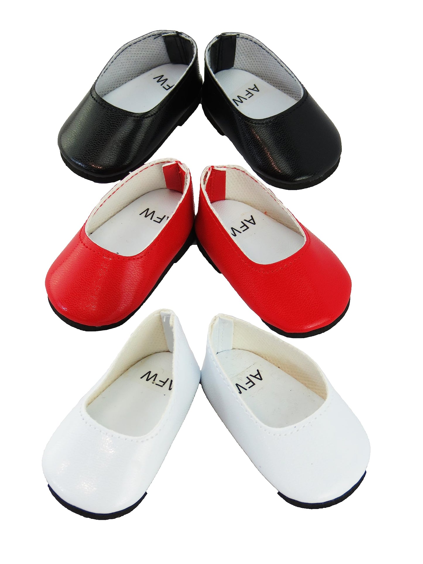 American Fashion World Red  White  and Black Flats for 18-Inch Dolls | 3 Pack | enhanced Quality & Trendy Design | Dolls Shoes | Shoe Fashion for Dolls for Popular Brands