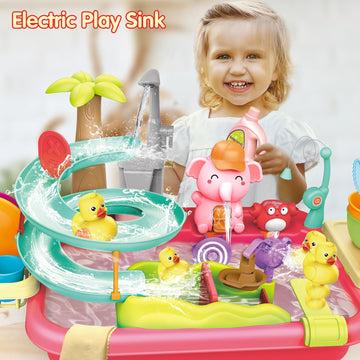 VATOS Electric Faucet Manual Pump 2 in 1 Play Sink with Running Water, Duck Slide Water Table Kitchen Sink Toy, Floating Pool To