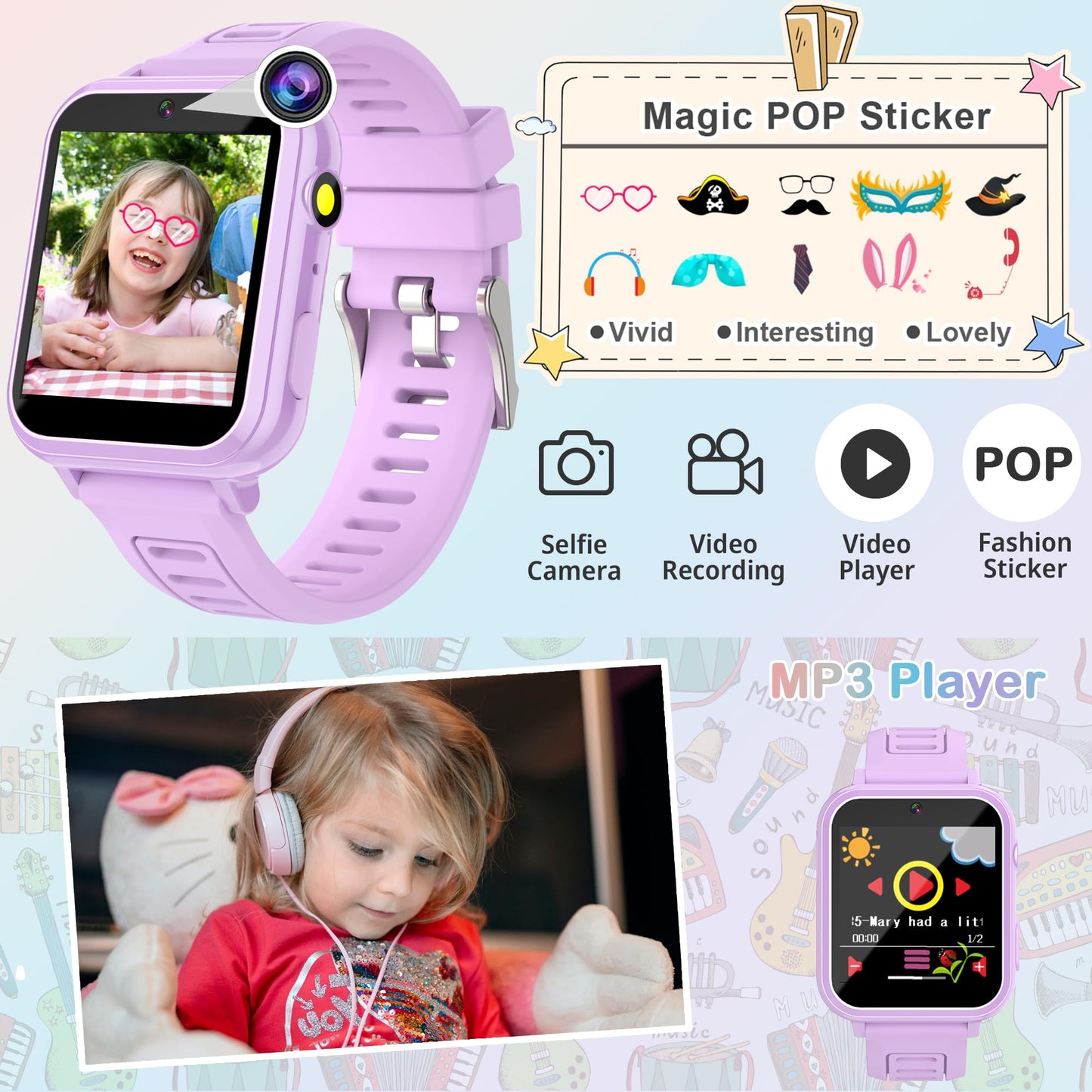 Kids Smart Watch Gift For Girls Age 3-12 Kids Watches 24 Games Touch Screen Music Player Camera Alarm Clock Calculator Flashlight 12/24 Hr Educational Toys Birthday Gifts For Girls Ages 6 7 8 9 10