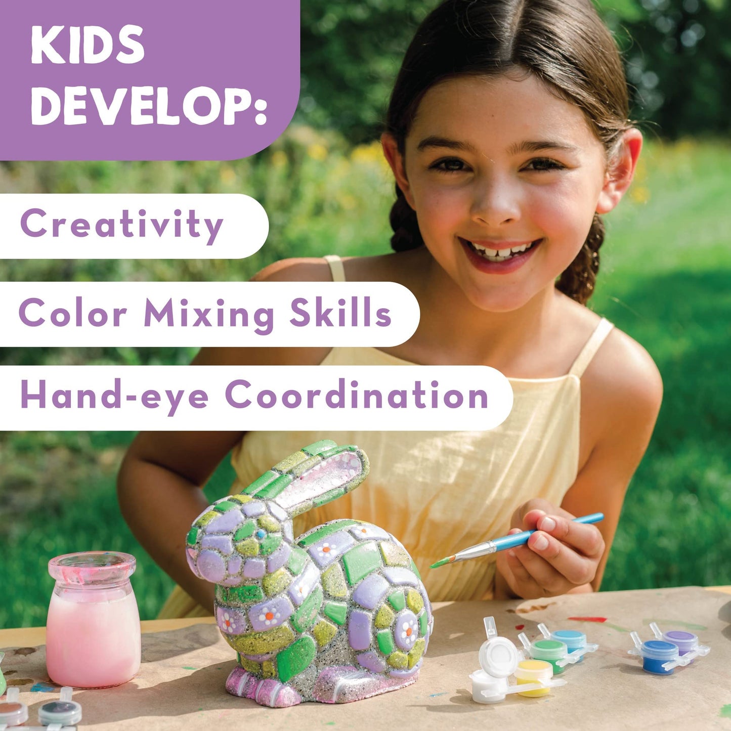 Mindware Paint Your Own Stone Bunny Rabbit - Mosaic Stepping Stone Craft Kit For Kids Includes Paint And Brush, Made Of Weather Resistant Cement
