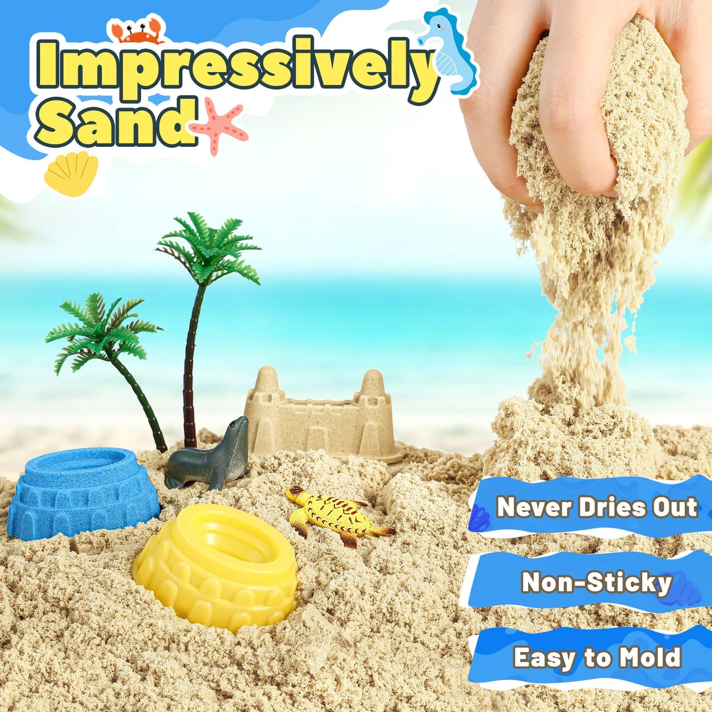 FRUSE Ocean Sensory Bin,Play Sand Art Kit with 2.2lbs Play Sand,12 Sea Animal Toys,Sand Molds,Role Play Beach Toy Sandbox Toys f