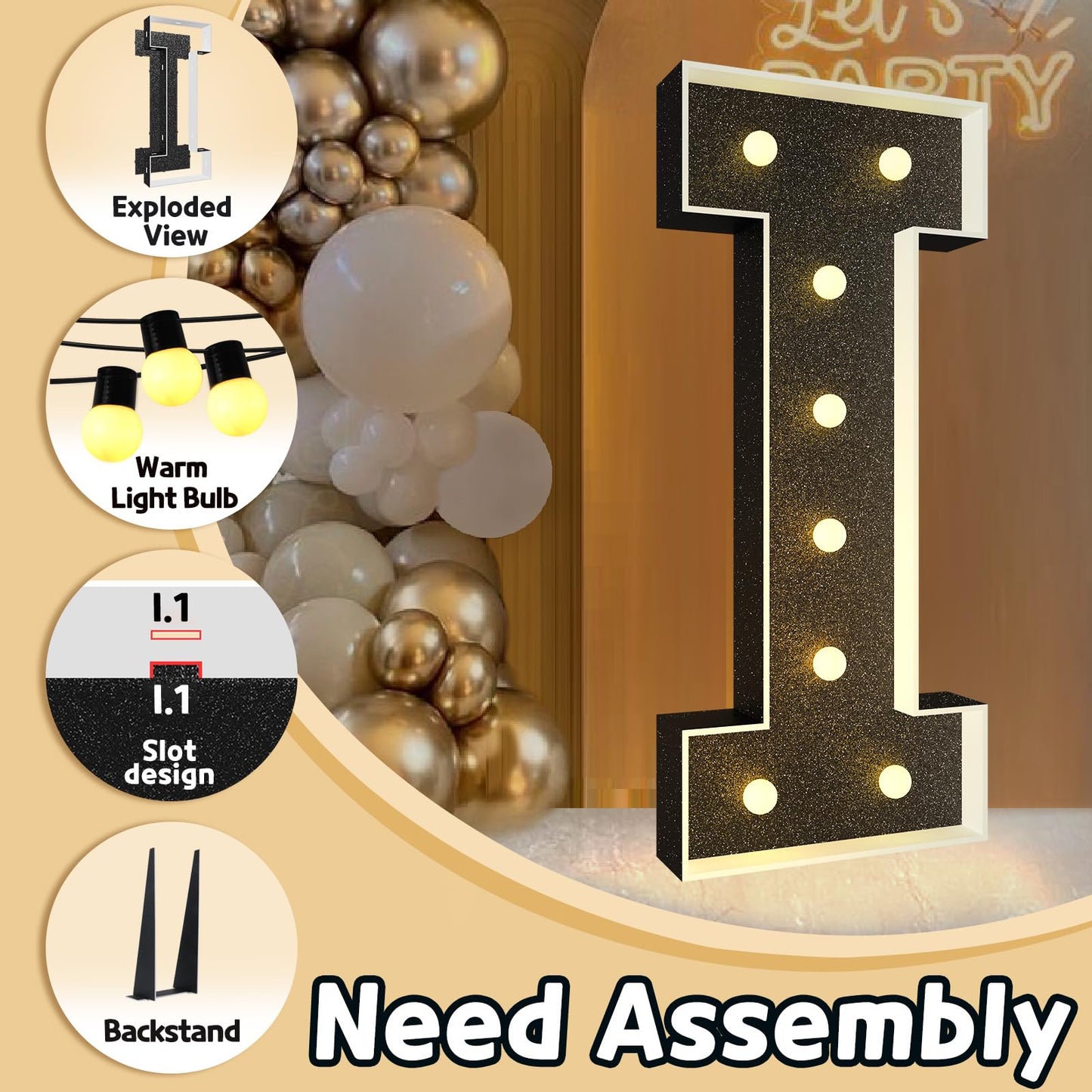 Imprsv Marquee Letters Black 3Ft: Black Party Decor - Light Up Letter I Large 3 Feet Tall - Party Decorations Letter For Birthda