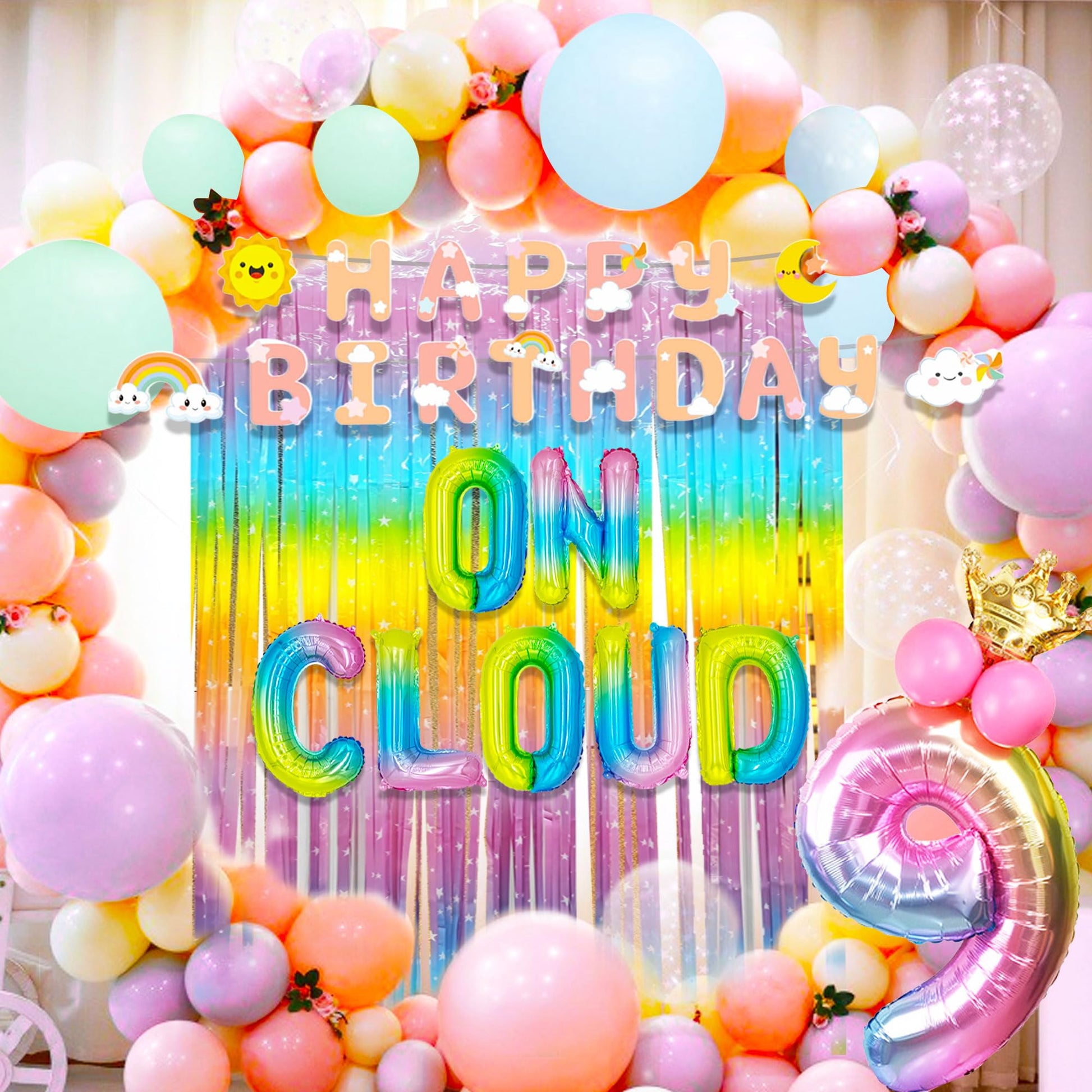 Laventy 57 Pcs Rainbow On Cloud 9 Balloons On Cloud 9 Birthday Decoration On Cloud 9 Cake Topper Nine Years Old Birthday Balloon On Cloud 9 Party Supplies Cloud Balloon