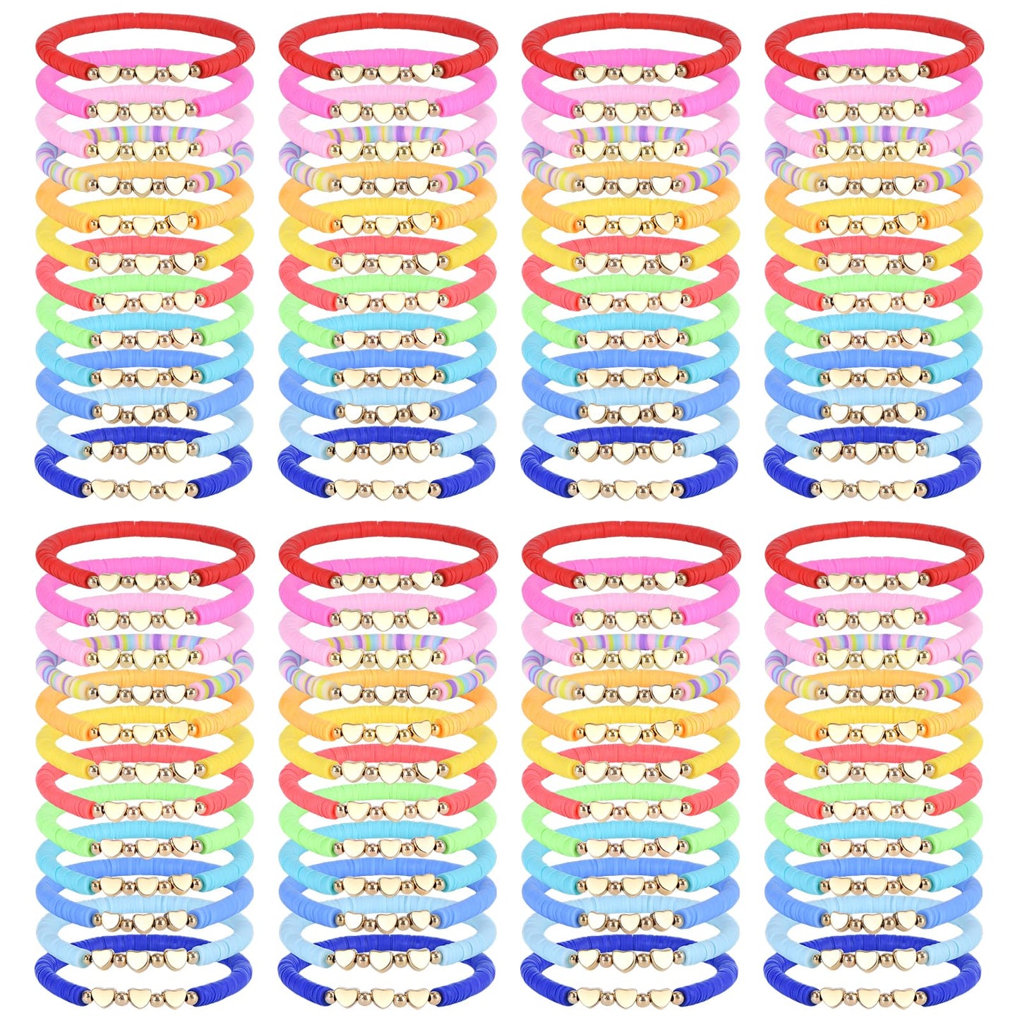 Zhlishqinjj 96 Pcs Colorful Friendship Heart Bracelets, Cute Clay Beads Bracelet Bulk Colorful Heart Friendship Surfer Bracelets