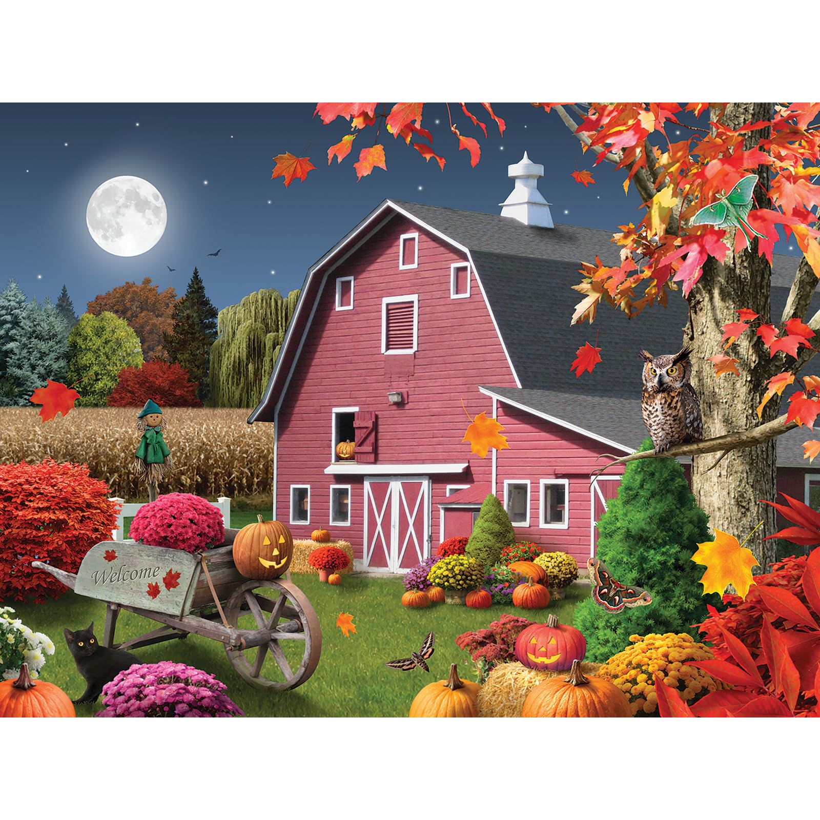 Bits and Pieces - 300 Piece Jigsaw Puzzle for Adults - 18 x 24 - Hootin Harvest Moon - 300 pc Large Piece Fall Halloween Jigsaw