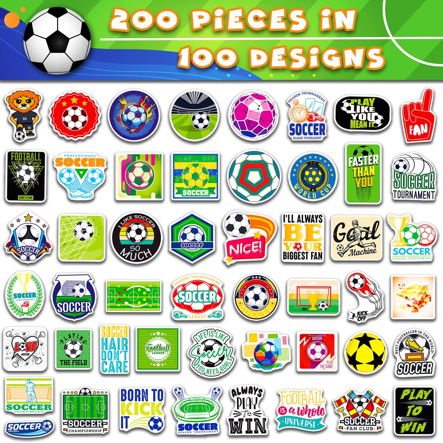 Wakemoodei Soccer Stickers 200Pcs Soccer Sports Stickers For Boys, Waterproof Vinyl Stickers For Water Bottles, Kids Stickers So
