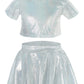 Happy Cherry 2Pcs Kids Girls Shiny Metallic Short Sleeve Crop Top With Pleated Skirt Set Dancewear Performance Costumes Silver 1