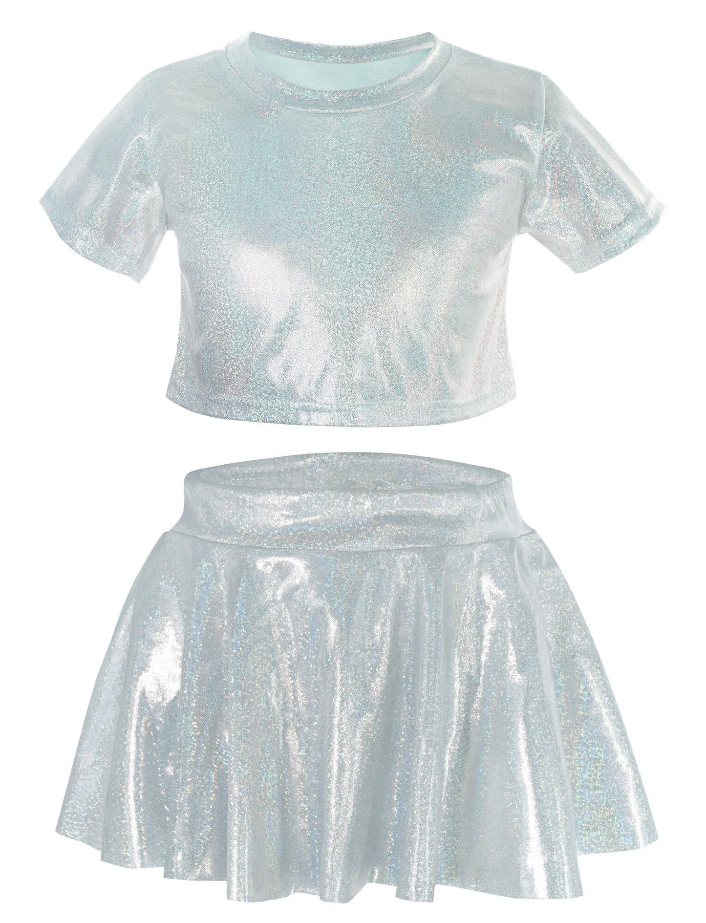 Happy Cherry 2Pcs Kids Girls Shiny Metallic Short Sleeve Crop Top With Pleated Skirt Set Dancewear Performance Costumes Silver 1