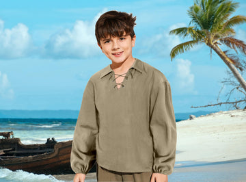 Kids Medieval Viking Pirate Renaissance Retro Costume Shirt for Boys Halloween Party Cosplay 10-12 Years Beige