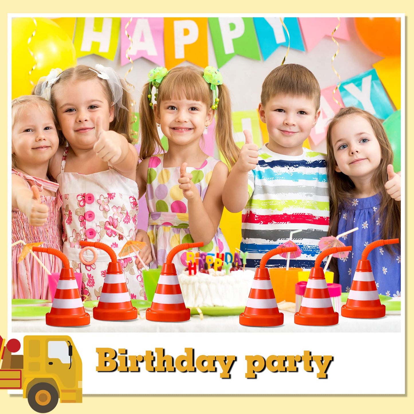 Sawysine 16 Pack Construction Cone Cups with Straws Bulk, Traffic Cones Party Favor 10 oz Plastic Reusable Kids Race Cups Set fo