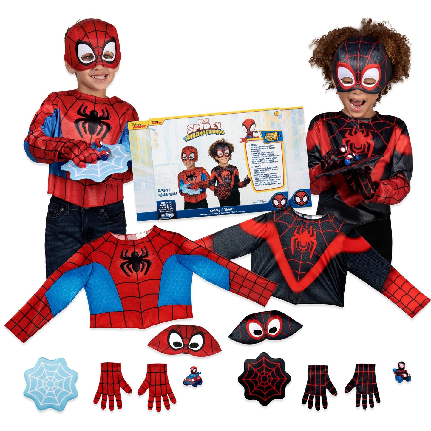 Marvel Spidey And Spin Official Toddler Dress-Up Set - Long-Sleeved Costume Tops With Fabric Half Masks, Gloves, Fabric Web Shields, And Mini Vehicles (3-4T)