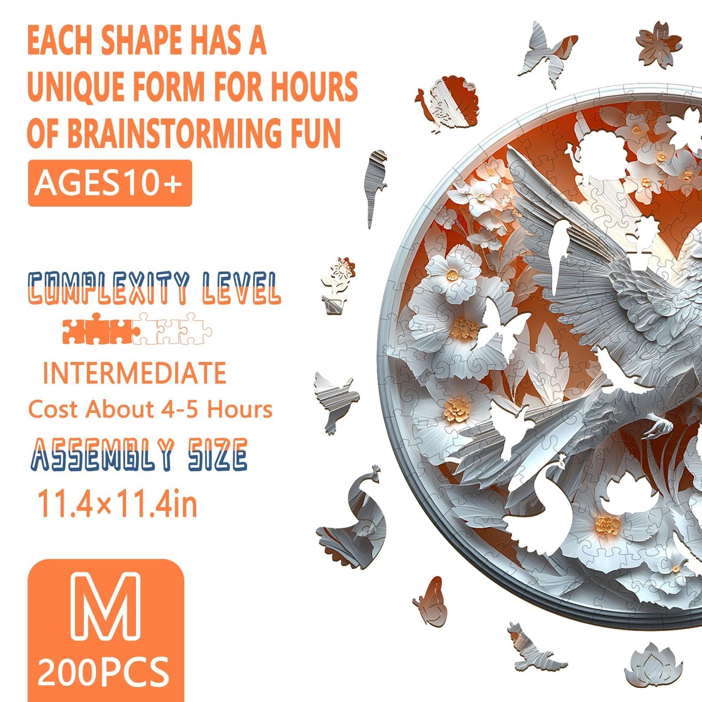 Wooden Puzzles for mature-themeds -Flat Puzzle with 3D Visual Effect  Irregular Shape Hummingbird Puzzle  Paper Sculpture Jigsaw  Wood Puzzles mature-themed  Good Gifts Idea (M-11.4 * 11.4in-200 Pieces)