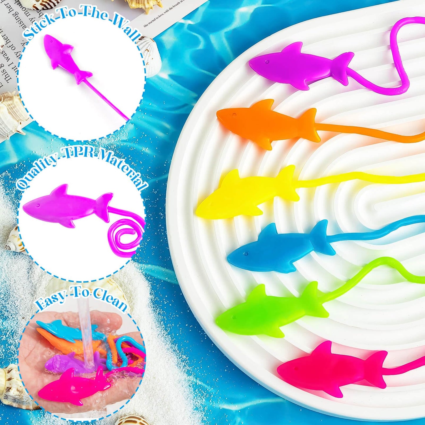 HLARTNET 10 PCS Sticky Shark Toys for Kids, Stretchy Shark Gifts Bulk, Ocean Under Sea Themed Favors Goodie Bags Stuffer, Classr