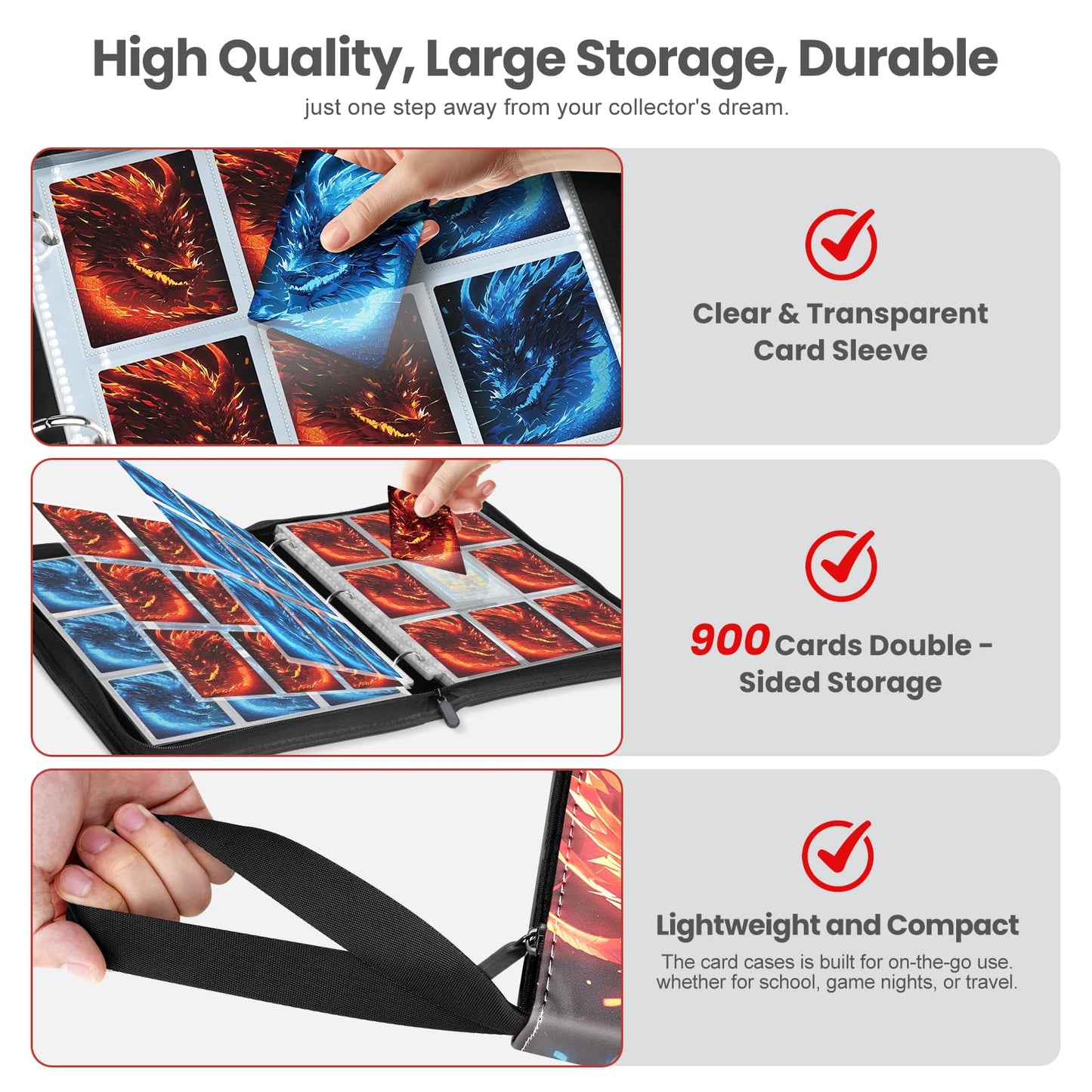 Winsing Card Binders 9 Pocket with 900 Pockets enhanced Zipper Case with 50 Removable Pages  Trading Folder Album Sleeves Holder Sheets for Game and Sports Cards Gifts for Boys and Girls Red