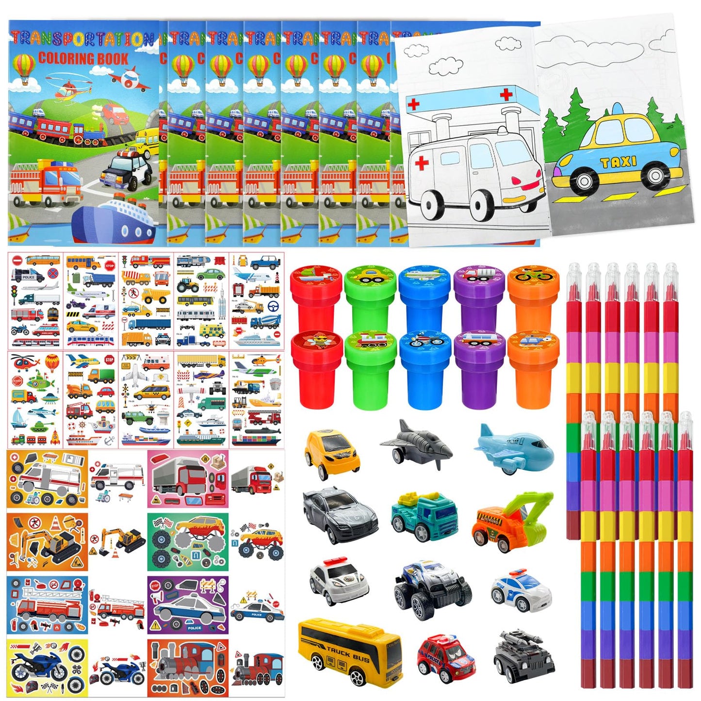 Cinrobiye 72 Pcs Transportation Party Favors Set, Vehicle Car Coloring Books Crayons Tattoos Stickers Stampers,Birthday Supplies