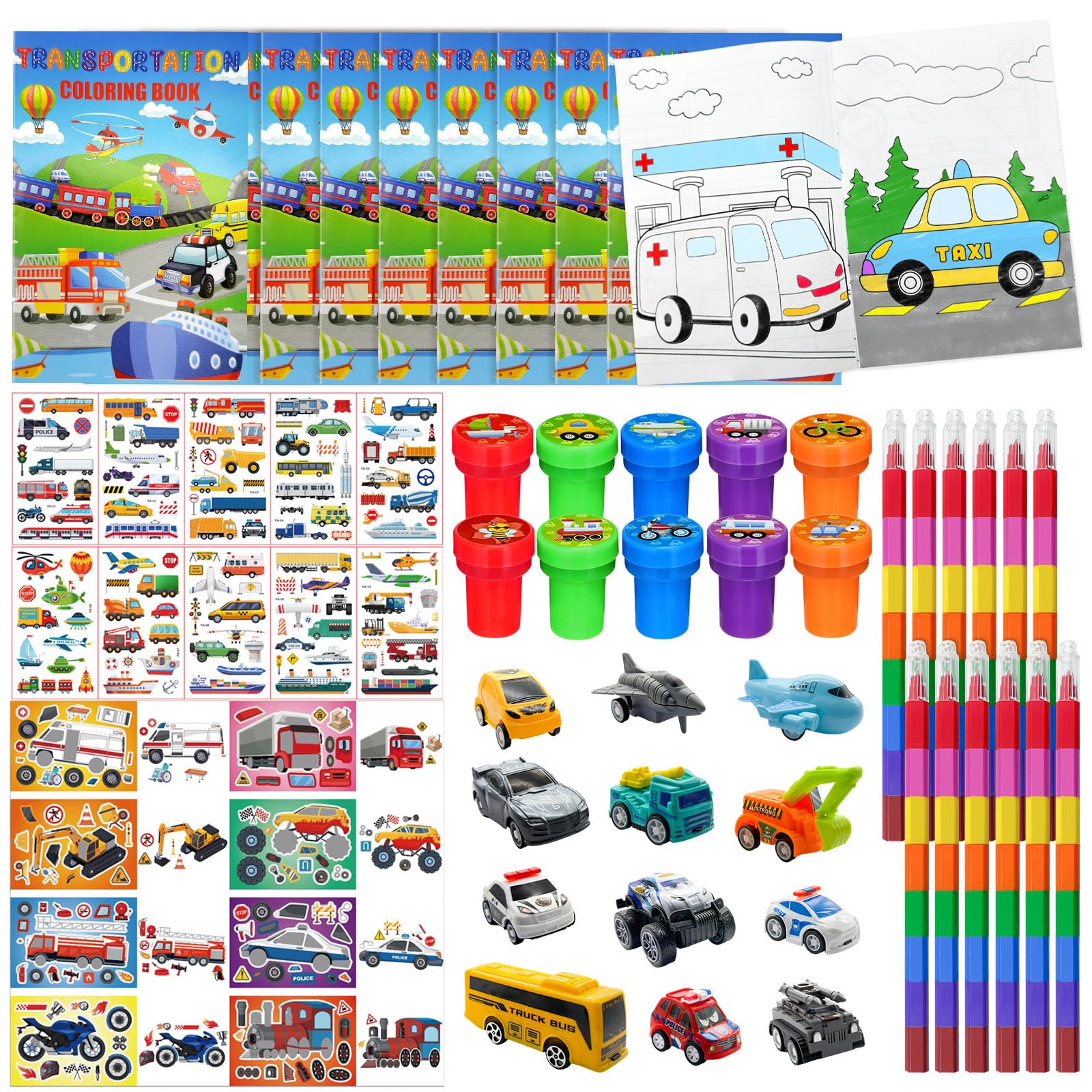 Cinrobiye 72 Pcs Transportation Party Favors Set, Vehicle Car Coloring Books Crayons Tattoos Stickers Stampers,Birthday Supplies
