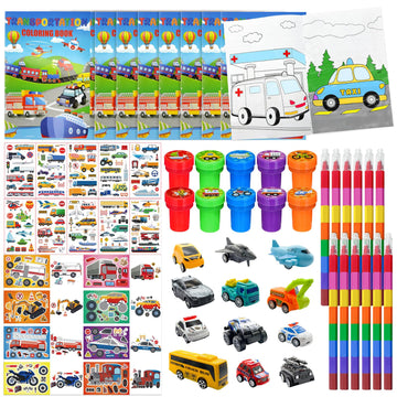 Cinrobiye 72 Pcs Transportation Party Favors Set, Vehicle Car Coloring Books Crayons Tattoos Stickers Stampers,Birthday Supplies