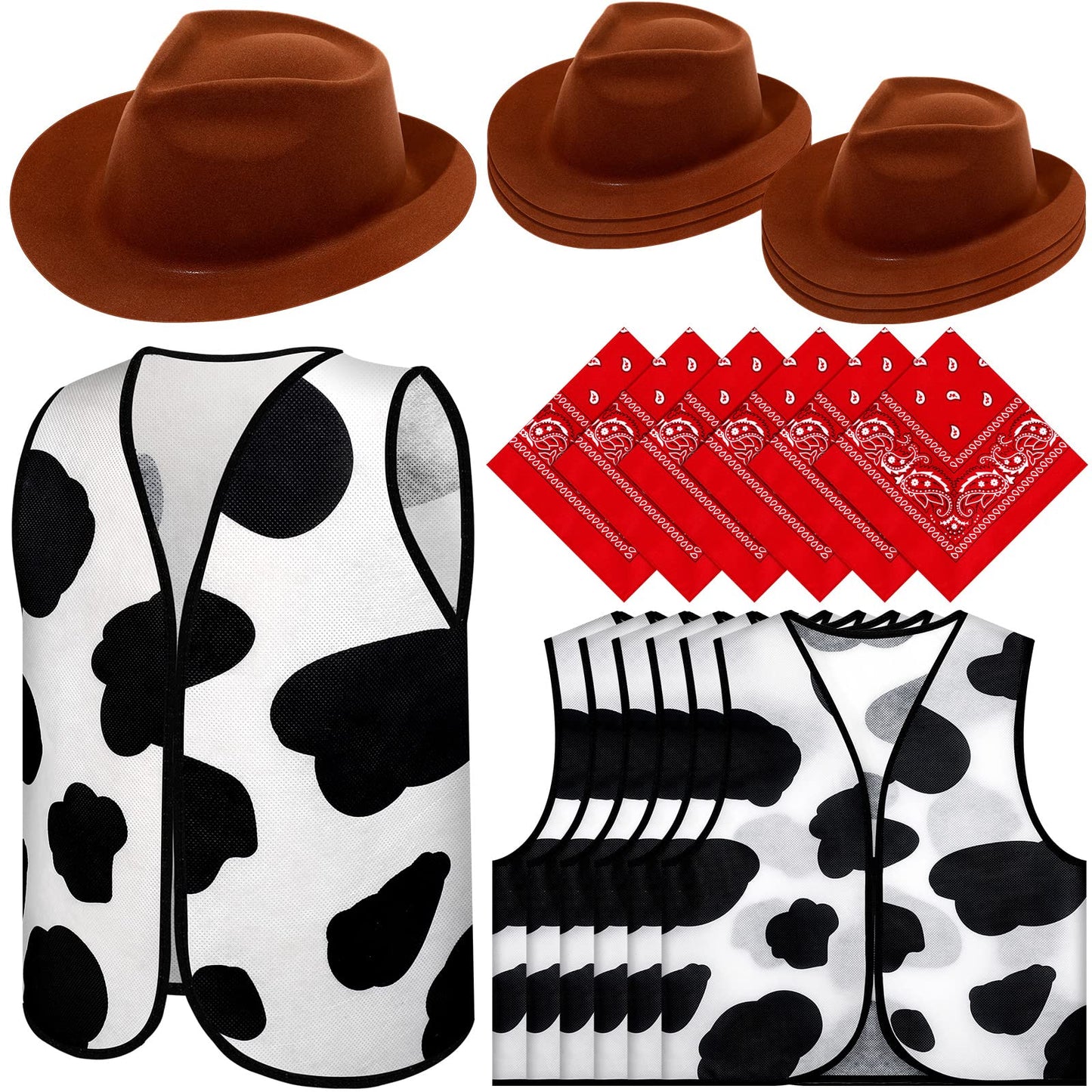 18 Pcs Kids Western Costume Set Include 6 Western Cowboy Felt Hat With 6 Bandanna 6 Cow Vest Tops For Boys Girls Halloween (Brown)