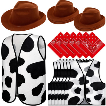 18 Pcs Kids Western Costume Set Include 6 Western Cowboy Felt Hat With 6 Bandanna 6 Cow Vest Tops For Boys Girls Halloween (Brown)
