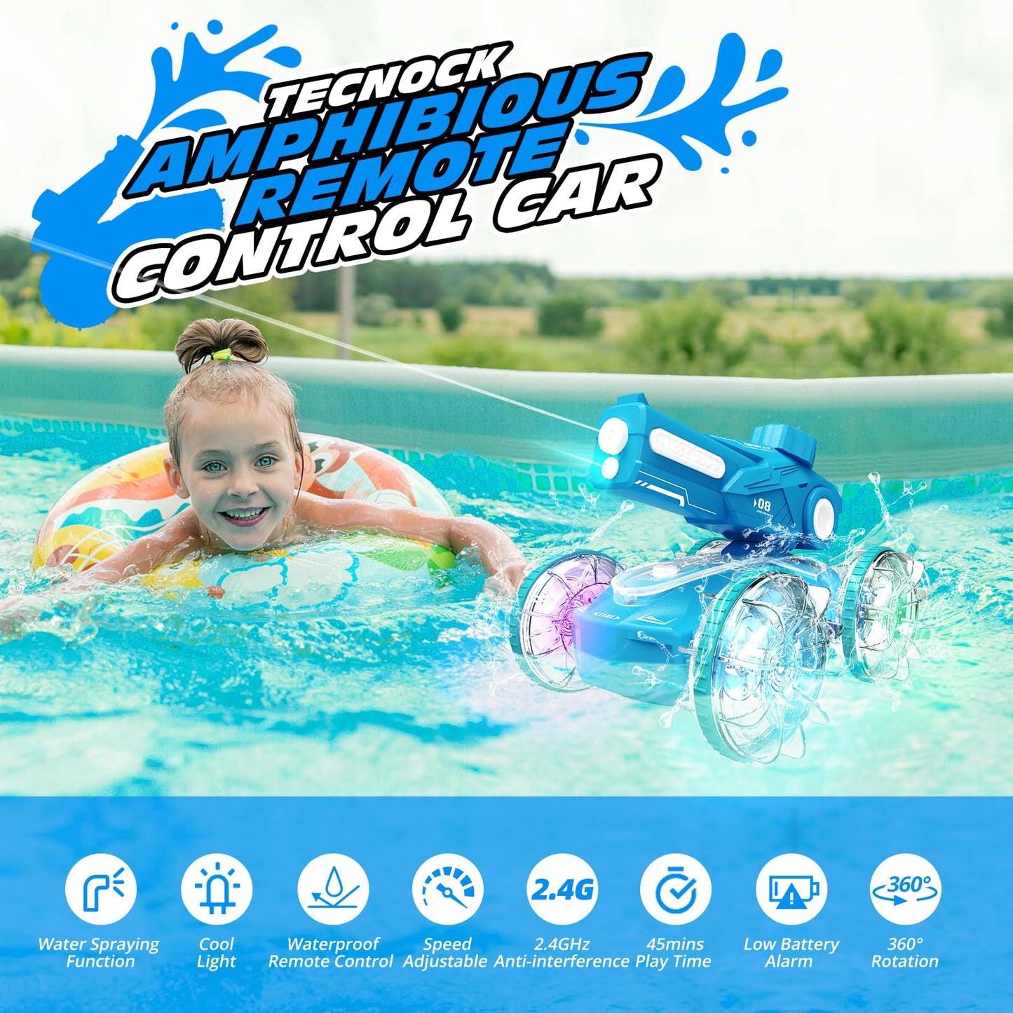 Tecnock Amphibious Remote Control Car Boat for Kids, 2.4GHz 4WD Water Squirt RC Stunt Car with LED Lights, 45-Minute Playtime, P