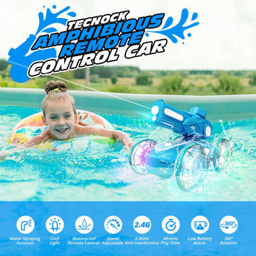 Tecnock Amphibious Remote Control Car Boat for Kids, 2.4GHz 4WD Water Squirt RC Stunt Car with LED Lights, 45-Minute Playtime, P