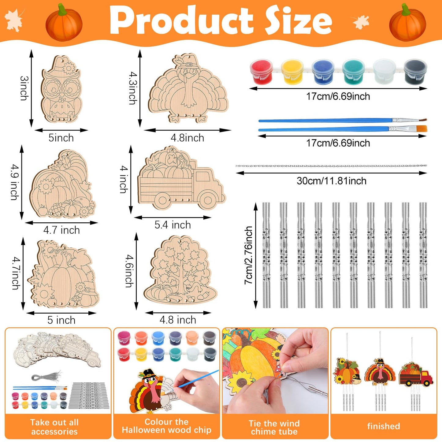 Silipull 24 Sets Thanksgiving Wind Chimes Crafts for Kids Make Your Own Wooden Wind Chime DIY Coloring Hanging Pumpkin Turkey Ar