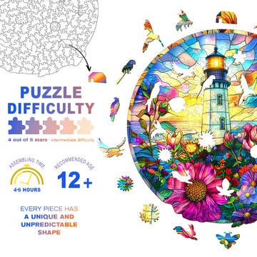 Wooden Puzzles for mature-themeds - Unique Shaped Wooden Jigsaw Puzzles mature-themed Puzzles  Christmas Creative Gifts for mature-themeds Kids  Stained Glass Lighthouse Wooden Puzzle 8.5 * 8.3in 100pcs