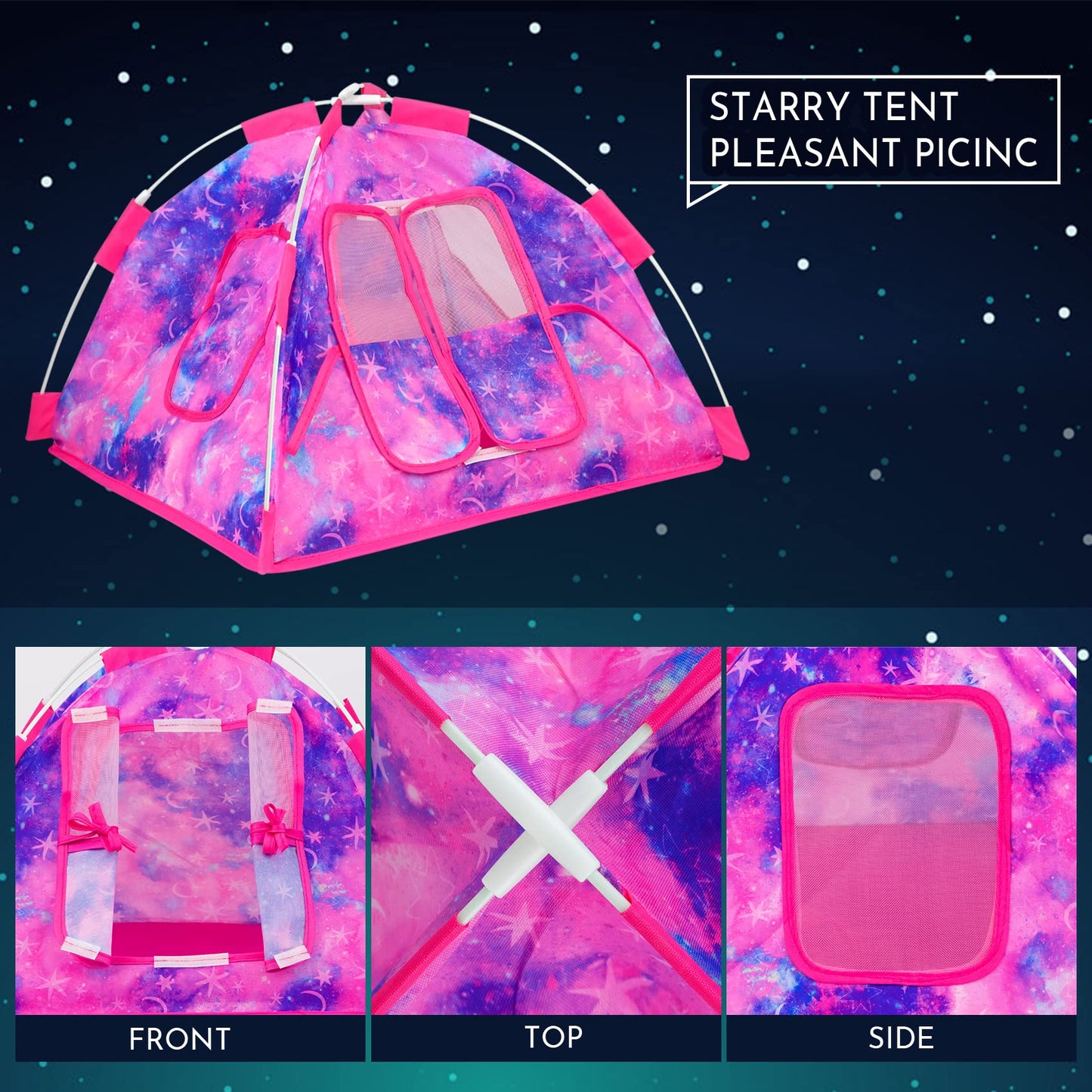 K.T. Fancy 18 PCS Girl Doll Travel Camping Tent Set and Accessories for 11.5 Inch Girl Doll Includes Doll Tent  Clothes  Backpack  Toy Dog  Placemat  Toy Phone  Glasses (Doll NOT Included)