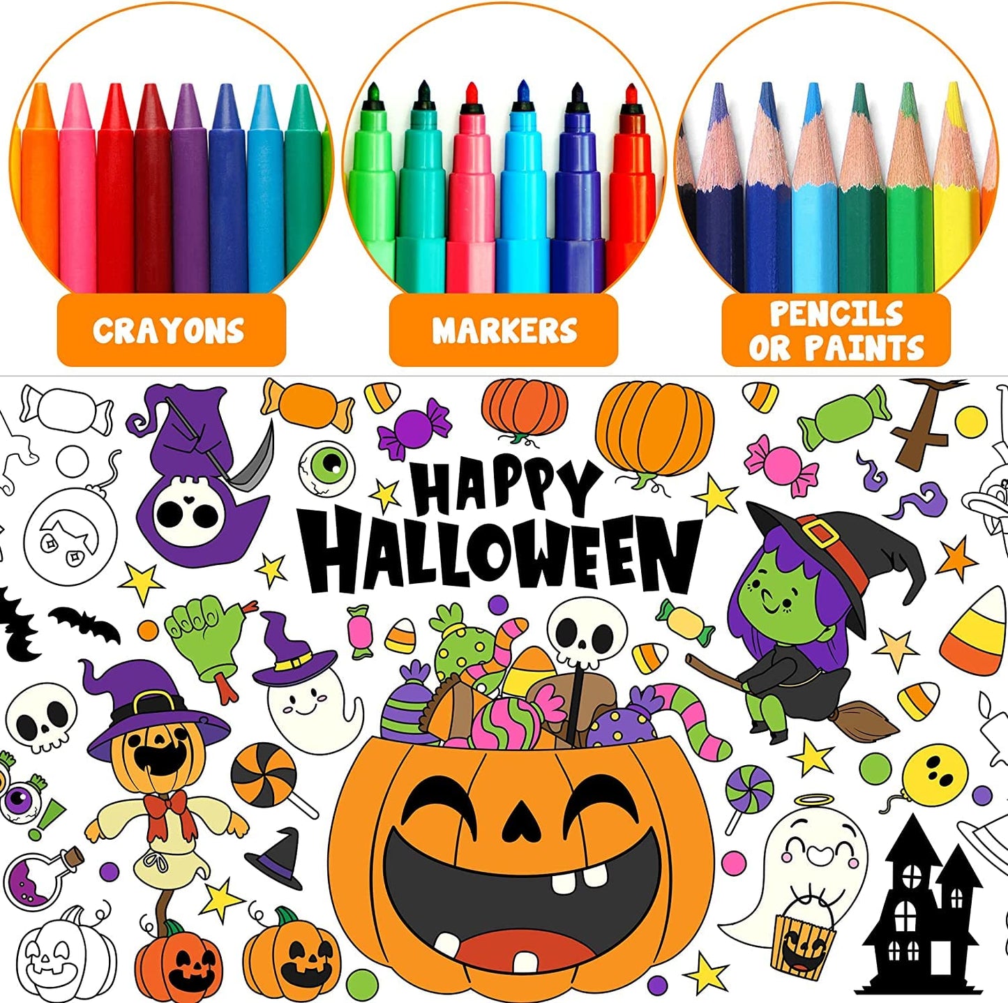 Haooryx Giant Halloween Theme Coloring Poster 4.6 x 2ft Jumbo Paper Happy Halloween Coloring Blank Banner with Pumpkin Witch Col
