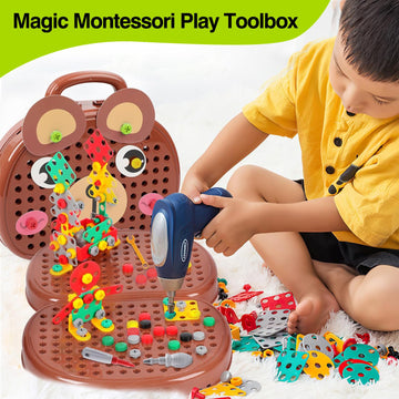 Kaemgyyd Magic Montessori Play Toolbox, 203Pcs Magic Montessori Play Toolbox Bear with Drill, 2D/3D Creativity Tool Box Montesso