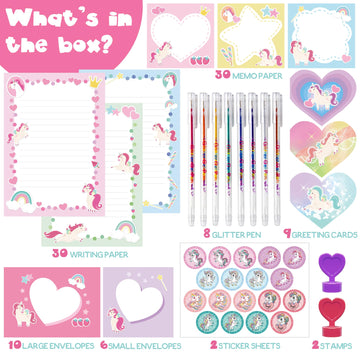 98Pcs Unicorn Stationary Set - Gifts For 6,7,8,9,10 Year Old Girl, Girls Stationery Set For Kids, Letter Writing Art Kit, Pretee