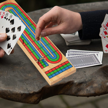 Funpeny Traditional Wooden Cribbage Board Game Set, 3-Track Color Coded With Metal Pegs And Deck Of Playing Cards