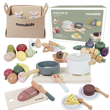 Nunukids Wooden Play Food Sets For Kids Kitchen 42 Pc Wooden Toys With Storage Basket Wood Pretend Food Play Kitchen Accessories