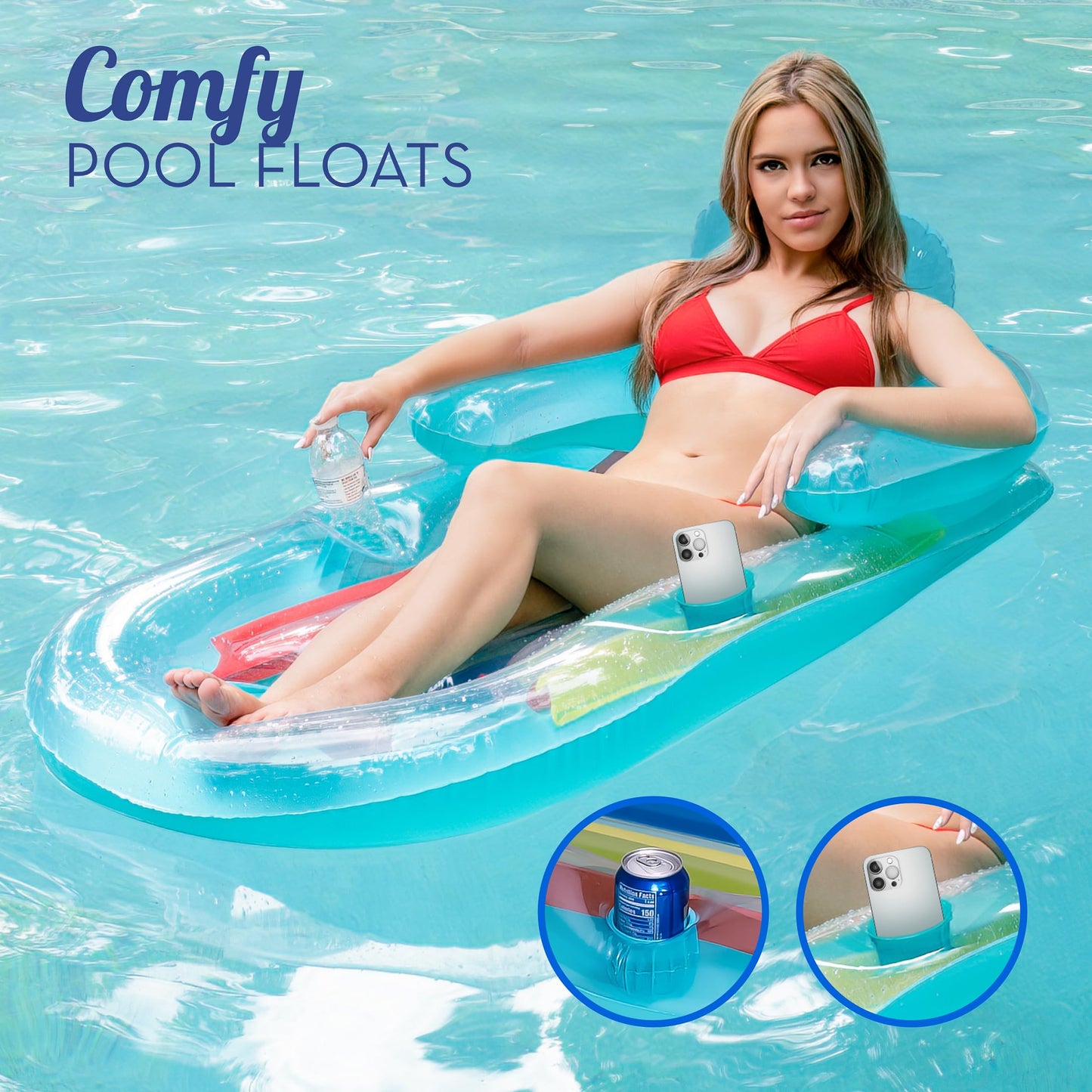 Pool Floats mature-themed Size Lounger with Cup Holder (2 Pack) Inflatable Floats for Swimming Pool Heavy Duty Lounger Floating Recliner Blow Up Floaties Water Floaty Lake Beach Tanning Float